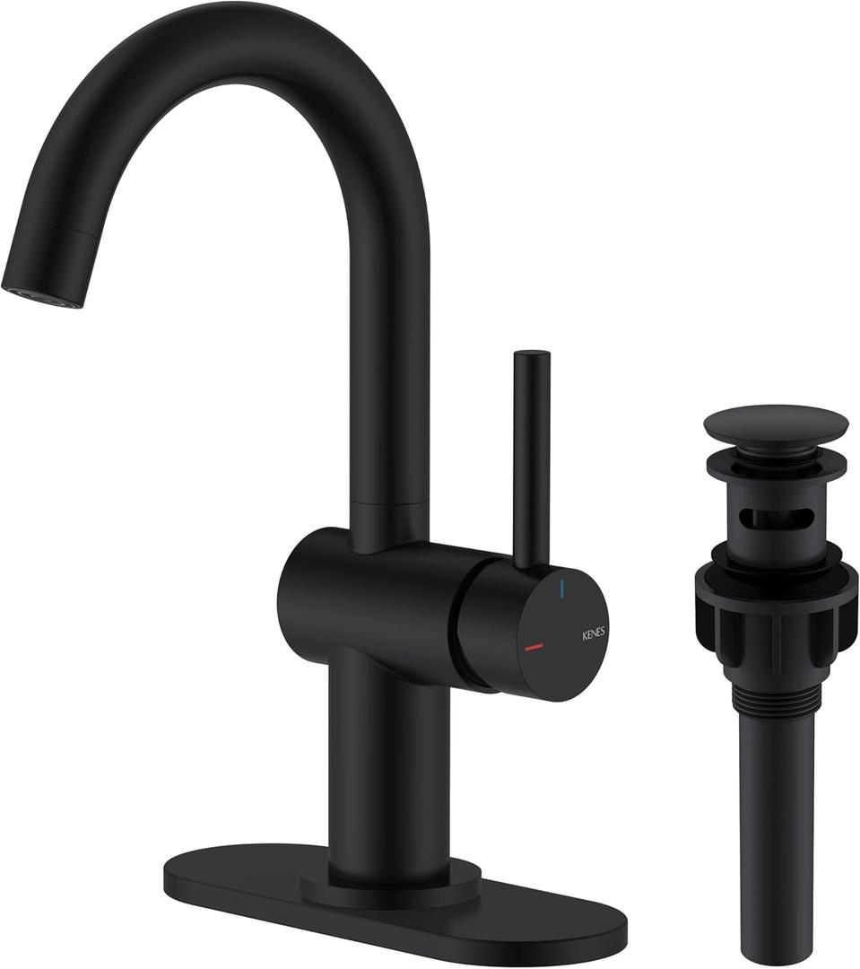 KENES Matte Black Bathroom Sink Faucet, Bathroom Faucets Single Handle Modern Prep Wet Bar Sink Faucets with Drain Assembly & Deck Plate, Farmhouse RV Camper Outdoor Utility Faucet, KE-9005B-2 (Short)