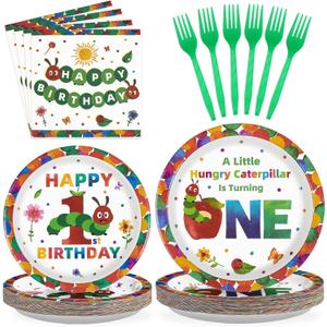 Grencian 200Pcs Caterpillar 1st Birthday Party Supplies A Hungry Green Insect is Turning One Plates and Napkins Tableware Set Hungry Caterpillar Party Decoration for Boys Birthday Baby Shower Serve 50