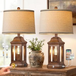 24" Rustic Farmhouse Table Lamps for Living Room Set of 2, Touch Dimmable Nightlight Vintage Bedside Lamps with USB A+C Ports & Dual Light Sources for Bedroom Nightstand End Table, Wood Grain
