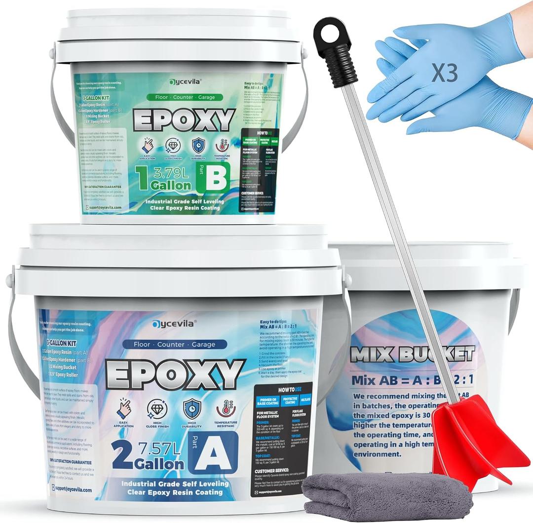 3 Gallon Gray Epoxy Floor Kit, 100% Solids, Self-Leveling | Creates a thick, high-gloss coating that resists hot-tire pickup, chemicals, oil, abrasion, and heavy garage traffic