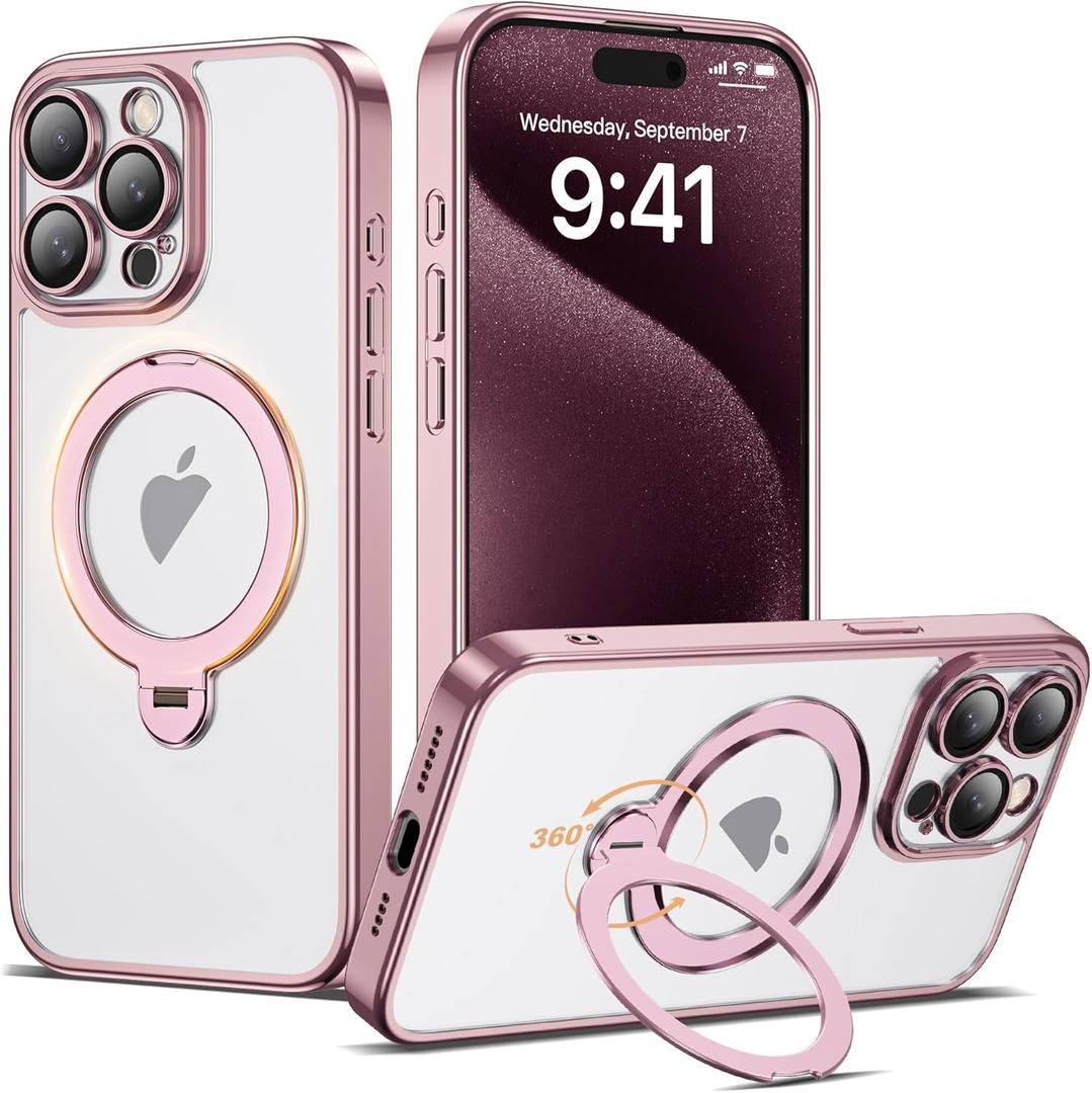 Compatible with iPhone 15 Pro Case with 360 Rotatable Magnetic Ring Stand [Compatible with Mag-Safe] Full Camera Lens Protector Plating Clear Phone Case for iPhone 15 Pro 6.1", Pink