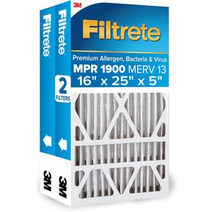 Filtrete 16x25x5 AC Furnace Air Filter, MERV 13, MPR 1900, Premium Allergen, Bacteria & Virus Filter, Electrostatic Air Cleaning Filter, 2-Pack (Actual Size 15.75 x 24.13 x 4.88 in)