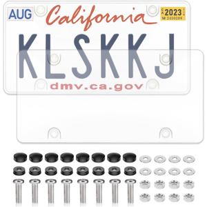 2 Pack Clear License Plate Covers, License Plate Protector Unbreakable Plastic Shields Tag Holder Fits Standard US Plate with Screws Caps