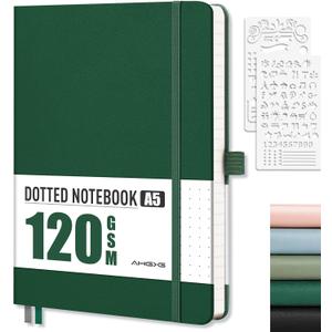 AHGXG Dotted Journal - Dot Grid Notebook Journal, 120 GSM Thick Acid-Free Paper, A5 Dotted Notebook 160 Pages, Leather Hardcover, Inner Pocket, Journal Stencil, 5.7''  8.3'', Dark Green