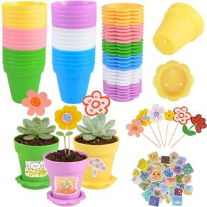 30 PCS Cupcake Plant Nursery Pots, Plastic Small Flower Pots with Stickers & Paper Flowers, Seeds Planting Containers Cups Seeds Starter Pot for Indoor Outdoor Garden Seedlings Succulents Display
