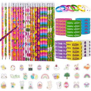 110 Pcs Easter Themed Stationery Set, Easter Pencil Bulk with Erasers, Colorful Egg Silicone Wristbands, and Happy Easter Stickers, Colorful Spring Wooden Pencils Erasers Supplies Easter Day Gifts