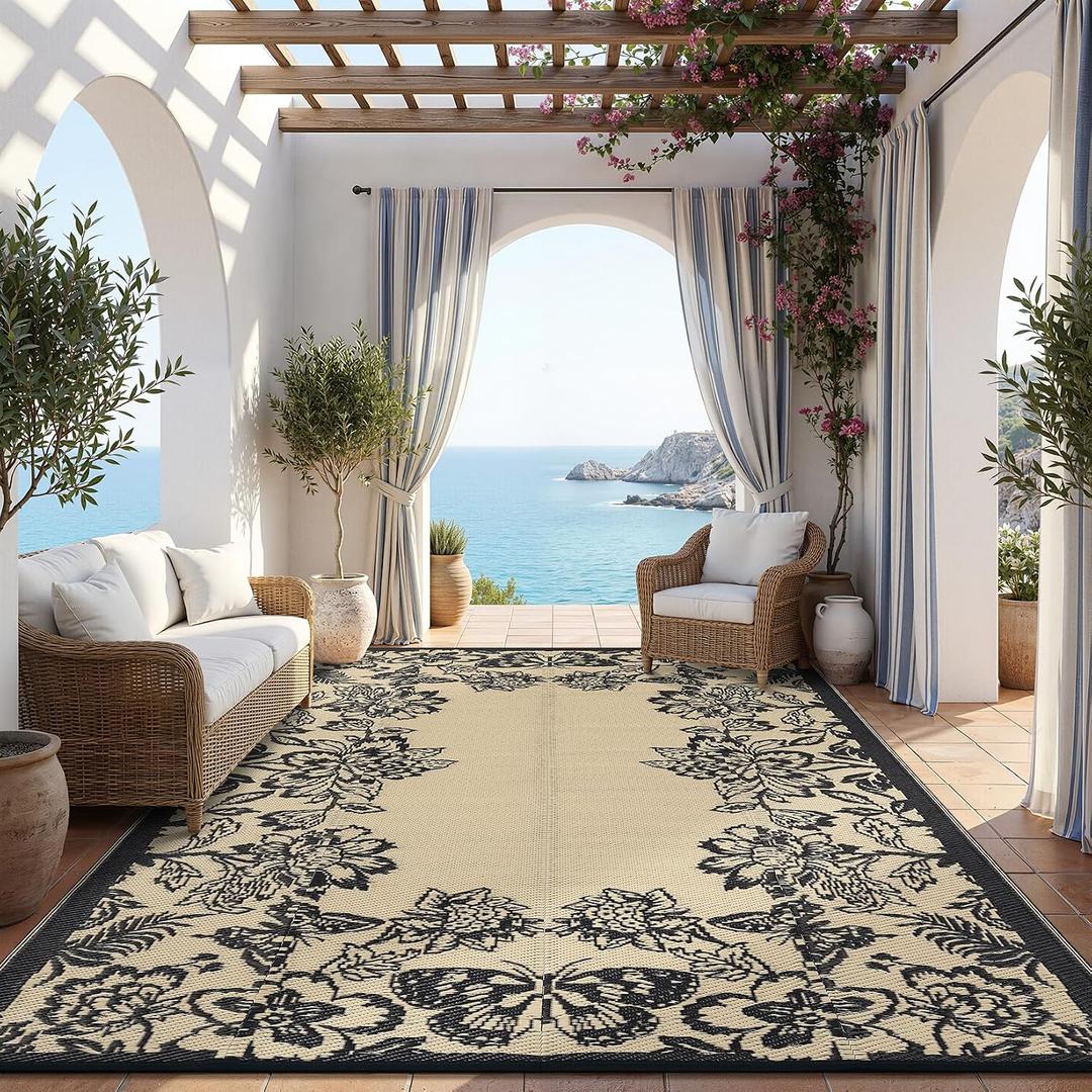 Garvee Outdoor Rugs 9’x12’ Waterproof Reversible Mats, Large Area Plastic Straw Rug, Outside Carpet, Butterfly Floral Rv Mat for Patio Camping Picnic Backyard Deck Balcony Porch Beach Trailer