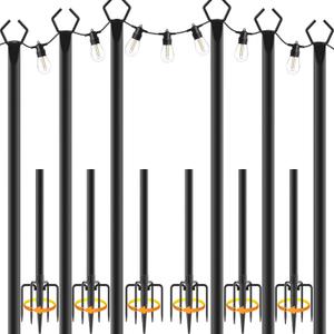 6 Pack 10 ft Heavy Duty Metal String Light Poles Adjustable Outdoor Lighting Stand for Patio,Backyard,Garden,Party & Wedding Rustproof & Sturdy with Hooks