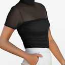 ANRABESS Womens Summer Sexy Mock Turtle Neck Short Sleeve Tops Sheer Mesh Shirts Slim Blouse Trendy Ruched Going Out Outfits (Medium, Black)