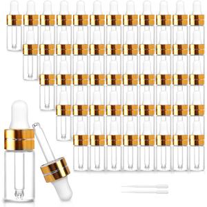 50 Pack 3ml Clear Glass Dropper Bottles with 2 Pcs Plastic Droppers, Mini Sample Dropper Bottles for Essential Oils Perfume Cosmetic Liquid, Empty Travel Sample Vials with Gold Cap