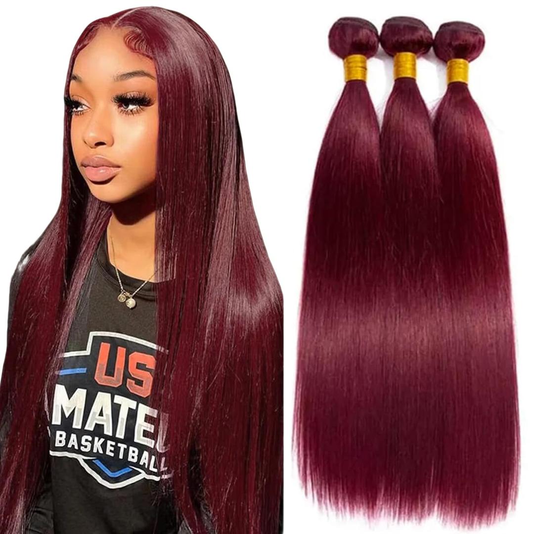 99J Burgundy Bundles Human Hair 12A Unprocessed Brazilian Virgin Human Hair Bundles Wine Red Straight 3 Bundles 26 28 30 Inch Double Weft Weave 99J Color Hair Extension for Women 300g Total