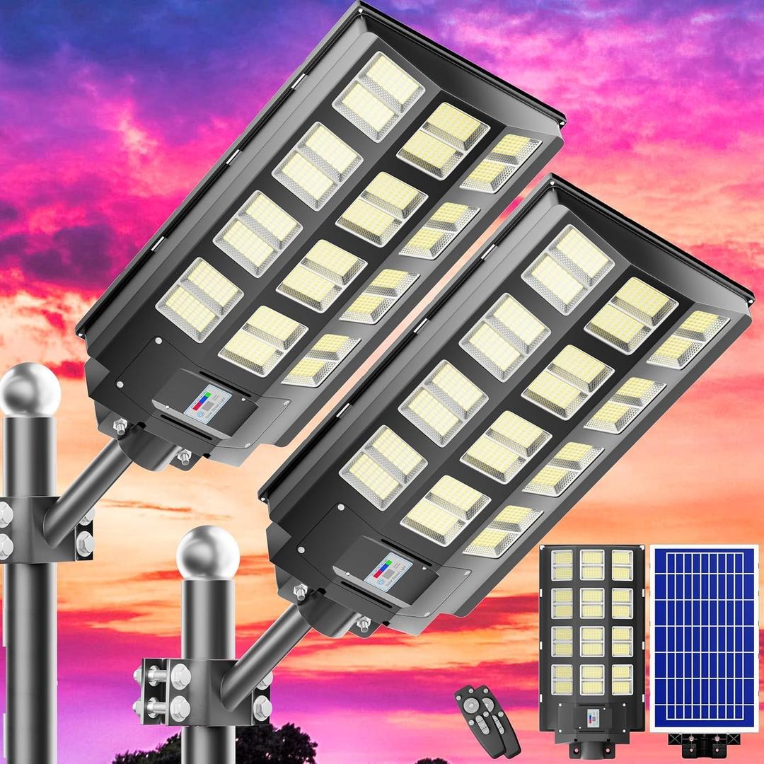 Solar Street Light, 8000W 7000K 480000LM 1152pcs LED Solar Parking Lot Lights Dusk to Dawn, Solar Flood Light Wide Angle Motion Sensor and Remote Control for Area Lighting Yard 2-Pack (Black)