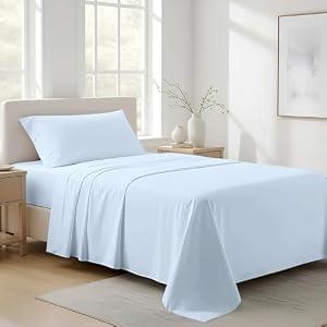100% Organic Cotton Sheets Twin Size - Organic Cotton Twin Size Percale Weave Sheet Set (4 PC, Light Blue), Soft, Cooling, Crisp & Breathable, 16" Deep Pocket Hotel Quality Bedding Set