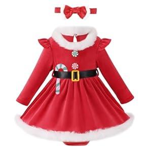 Ochine Newborn Baby Girl Christmas Romper Dress Infant Long Sleeve Fall Winter Velvet Dress Christmas Outfit with Headband (0-3 Months)