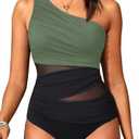Aqua Eve Women Mesh One Piece Swimsuit - Tummy Control One Shoulder Bathing Suit Cut Out Swimwear 2025 Medium