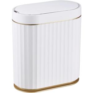 ELPHECO Automatic Motion Sensor Trash Can - 2 Gallon Slimline for Bathroom, Bedroom, Kitchen, Office - White with Gold Trim (Golden)