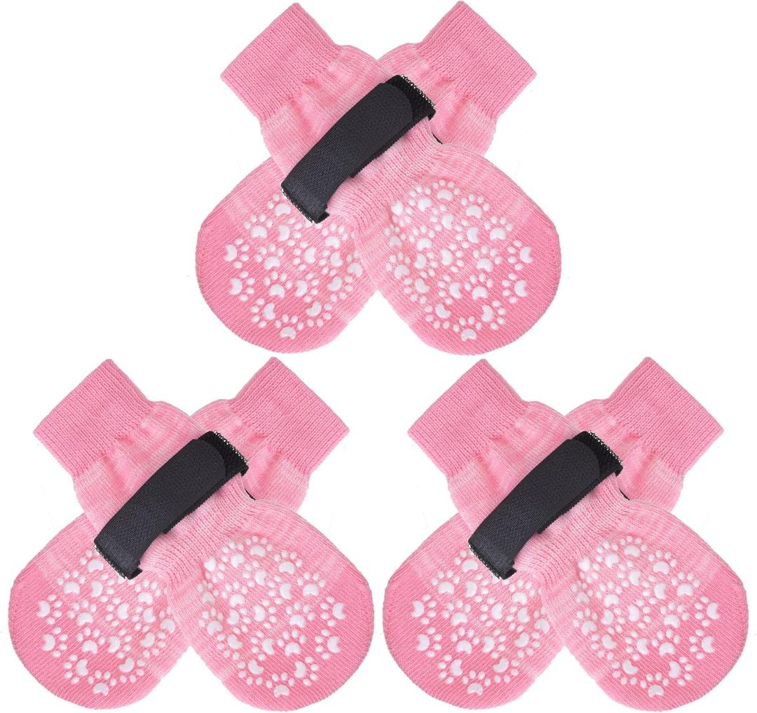 EXPAWLORER Double Side Anti-Slip Dog Socks with Adjustable Straps-Strong Grips Traction Control for Indoor on Hardwood Floor Wear,Best Paw Protector for Puppy Small Medium Large Dogs,X-small (6 Count) (Pink)