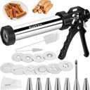 Churro Maker Machine, Stainless Steel Churros Gun Kit, 3-in-1 Multifunctional Cookie Press Hollow Churro with Piping Bag, 7 Piping Nozzles, 9 Cookie Discs & 2 Brushes, Easy to Clean