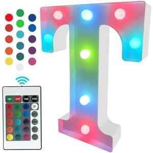 LED Marquee Light Up Signs, Battery Powered Color Changing for Wall, Bedroom - Remote Control RGB Letter T