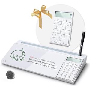 TOWON Desktop Glass Whiteboard with Basic Calculator, 12 Digit LCD Display, Desk Organizers with Accessories for Office, Home, School Supplies, Storage with Dry Erase Board Surface, White, 18'' x 6''