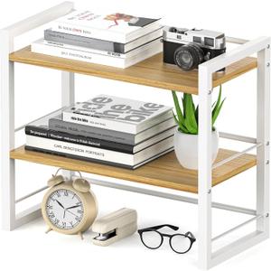 Office Desk Shelf Organizer, Wood Desktop Bookshelf Supplies Storage Rack, Shelf for Top of Desk and Dresser (White-2 Tier)
