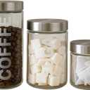Glass Canisters Set of 3, 57/44/29 oz Airtight Storage Jars with Stainless Steel Screw Lids, Etched COFFEE/SUGAR/TEA Labels, Sandblasted Permanent Lettering, Clear Pantry Containers