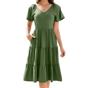 Women Summer Dress 2025 Short Sleeve V Neck Midi Dresses Breathable Cotton Casual Boho Beach Vacation Sundress (Green, S)