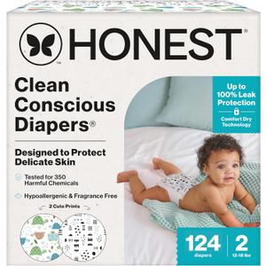 The Honest Company Clean Conscious Diapers for Delicate Skin | Up to 100% Leakproof | Hypoallergenic, Fragrance Free | Gender Neutral | Super Club Box, Size 2 (12-18 lbs), 124 Count (Prints May Vary) (Turtle Time + Pattern Play)