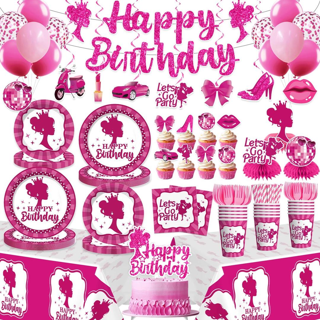 213Pcs Girl Birthday Decorations Serves 25 - Dessert & Lunch Paper Plates, Balloons, Napkins, Paper Cups, Tablecloth & Cake Topper - for 18th 21st Birthday Decorations for Girls