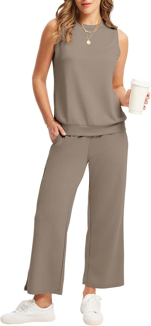 WIHOLL Two Piece Set for Women Summer Outfits Vacation Lounge Sets Round Neck Matching Sets Wide Leg Crop Pants (Beige, XL)