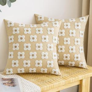 EMEMA Decorative Throw Pillow Covers Daisy Sun Flower Jacquard Pillowcase Cushion Case Square for Couch Sofa Bed Living Room Bedroom Set of 2, 16x16 Inch, Khaki