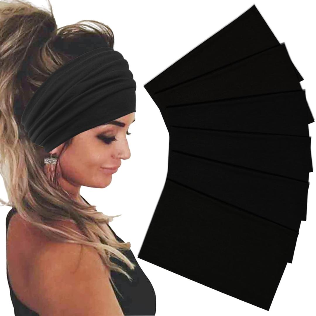 Wide Headbands For Women Stretch Headband Boho Head Bands Women's Hair Band Turban Workout Hairband Accessories Black 6 Pack