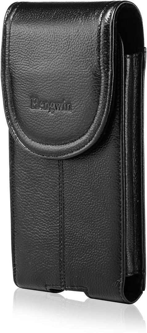 Hengwin Outdoor Walking Working Leather Phone Holster Fit for iPhone 17 Pro Max 16 Plus 15 Plus Samsung Galaxy S25 Ultra A15, Belt Pouch Case with Belt Clip Magnetic Closure Cell Phone Holder (Black)