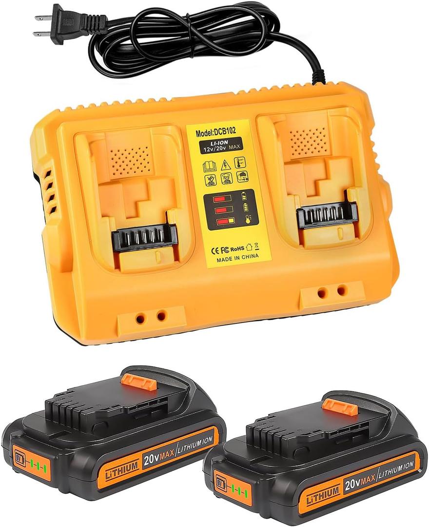 2-Pack 3.0Ah Battery Replacement for Dewalt 20v Battery with DCB102 Battery Charger Station (Yellow)