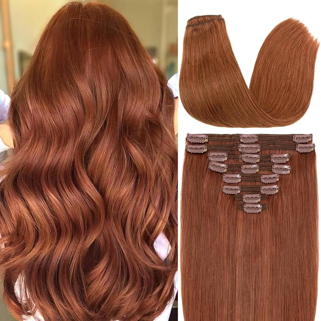 S-noilite Clip in Hair Extensions Real Human Hair Double Weft Thick 100% Remy Human Hair for Women Full Head 8 Pieces 18 Clips Straight (22 inch - 160g,Dark Auburn (#33))