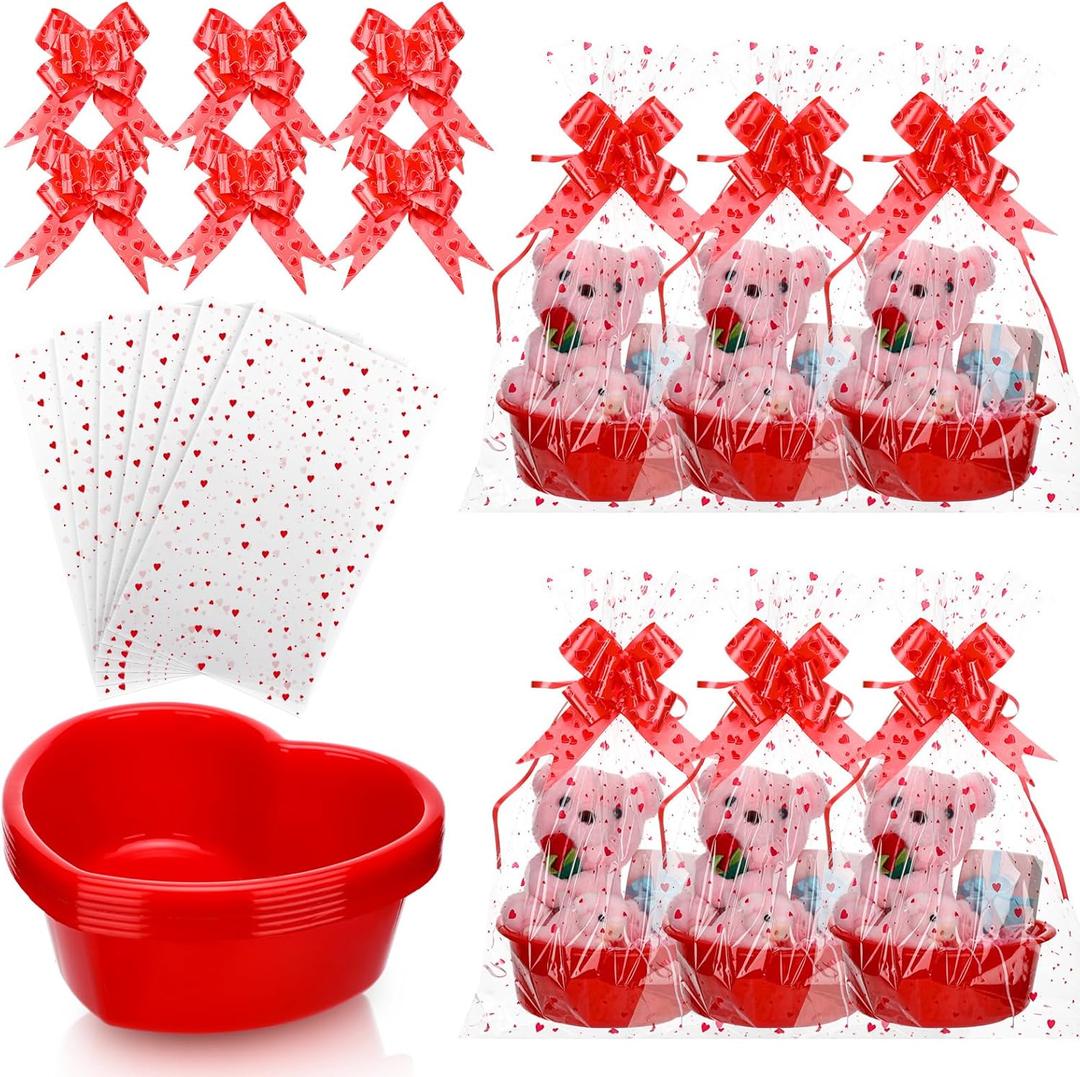 Threehoney 6 Set Valentines Day Heart Basket Plastic Empty Gifts Baskets with Cellophane Bags and Pull Bows Ribbons for Valentine Gift Filling(Red)