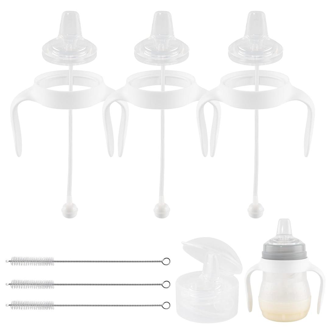 Sippy Cup Conversion Kit for Mam Bottles, Spill-Proof Transition Kit with Silicone Sippy Spout Nipple, Weighted Straw, Handle, 3 Pack, 6m+
