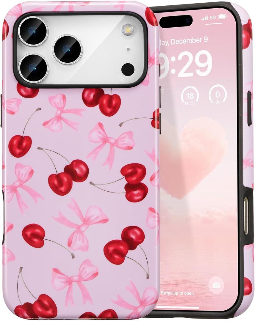 DEFBSC Case for iPhone 17 Pro Max, Cute Pink Bow Cherry Print Aesthetic Trendy Pattern for Women Girls Slim Durable Bumper Shockproof for iPhone 17 Pro Max Case, Pink Ribbon/Glossy