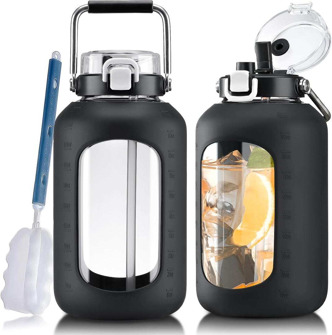 WINSA Large Glass Water Bottles with Stainless Steel Handle,100 oz Gallon Drinking Bottle with 2-in-1 Straw Lid,3 Liter Glass Water Jug with Silicone Sleeve,Wide Mouth,Black