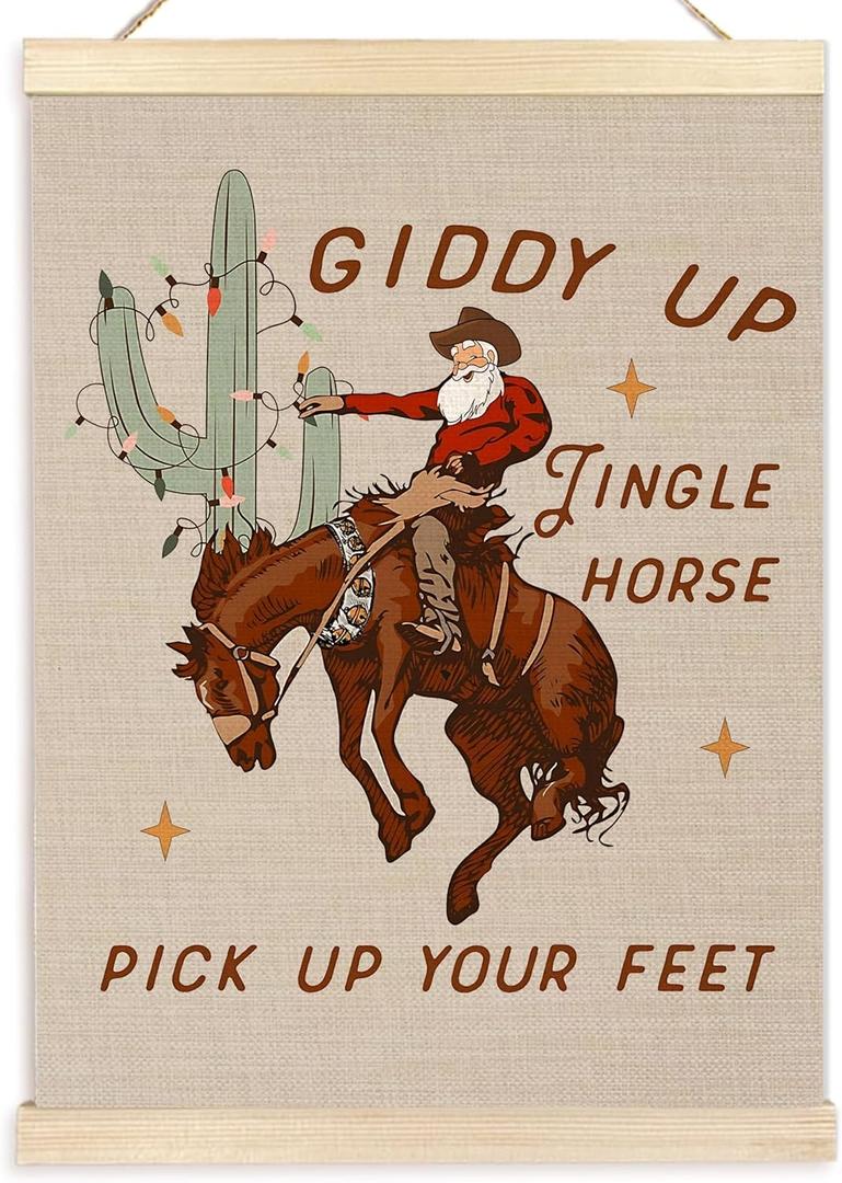 Ecezatik Western Christmas Wall Decor, Christmas Rodeo Cowboy Santa Wall Art With Wooden Poster Hanger, Christmas Wall Decorations, Christmas Wall Hanging, Western Home Decor, 12x16 Inches