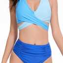 COCOPEAR Two Piece High Waisted Swimsuits for Women Tummy Contro Bikini Sets Adjustable Shoulder Straps Bathing Suit 2025 (Blue, XL)