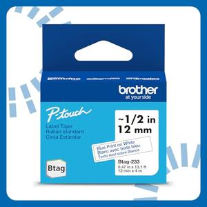 Brother Genuine P-Touch Btag BTAG233 Blue on White Label Tape ~1/2in by 13.1ft (12mm x 4m)
