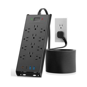 Surge Protector Power Strip 4800J, LeZone 10Ft Long Extension Cord Flat Plug, 12 Outlets 2 USB C 2 USB Ports, Wall Mountable, 20W Desk Charging Station, Black
