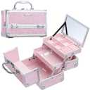 FRENESSA Makeup Case Organizer Portable Makeup Train Case Cosmetic Box with Mirror Jewerly Tray for Girls Nail Supplies Make Up Cases Organizers and Storage Kids Craft Case Pink