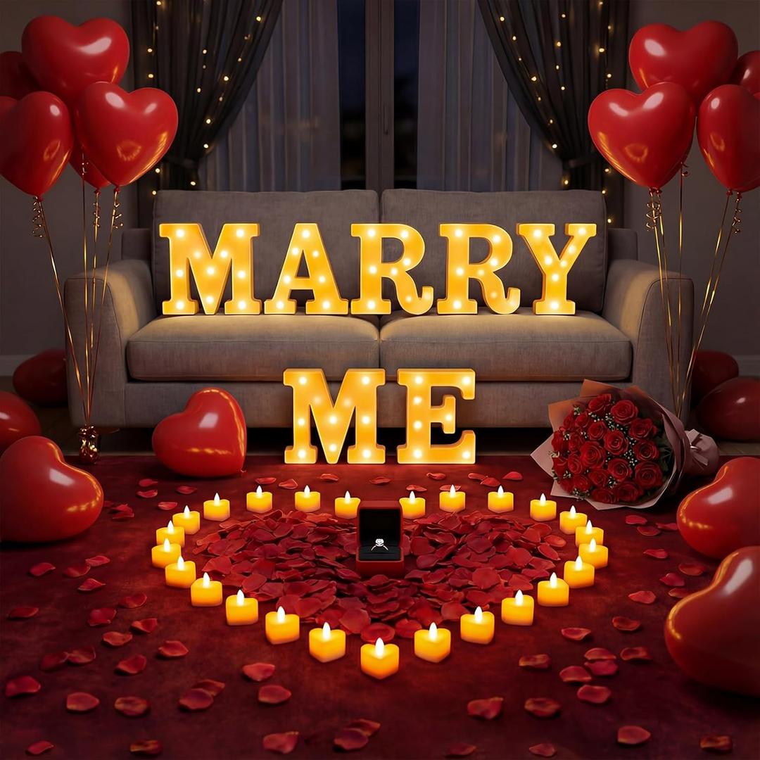 Marry Me Light Up Letters Proposal Decorations,Will You Marry Me Sign with 2000Pcs Red Artificial Roses Petals 30Pcs Flameless Candles 30Pcs Red Balloons for Romantic Night kit Valentine's Day