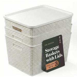 BINO | Plastic Storage Baskets with Lids, 33 Liter - 3 Pack, White | THE WOVEN COLLECTION | Storage Basket for Shelves | Woven Storage Baskets for Organizing Bins Pantry Shelf Organizer Container Bin