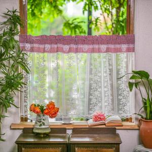 ARTMAGIC Boho Kitchen Window Curtains Classical Red Plaid Design Exquisite Embroidery Lace Sheer Curtains Rod Pocket for Half Window Bathroom Bedroom Living Room(Red,2pcs,27"x24")
