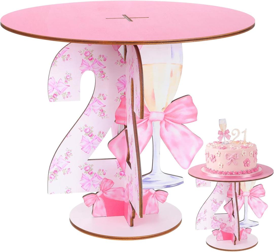 Pink 21st Birthday Cake Stand for Her 12 Inch Wood 21st Birthday Decoration Cupcake Display Holder Pink Table Centerpieces Party Supplies Champagne Wine Bottle Decor