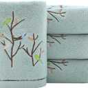 Pidada Hand Towels Set of 4 Embroidered Bird Tree Pattern 100% Cotton Absorbent Soft Decorative Towel for Bathroom (Aqua Green) (13.8 x 29.5)