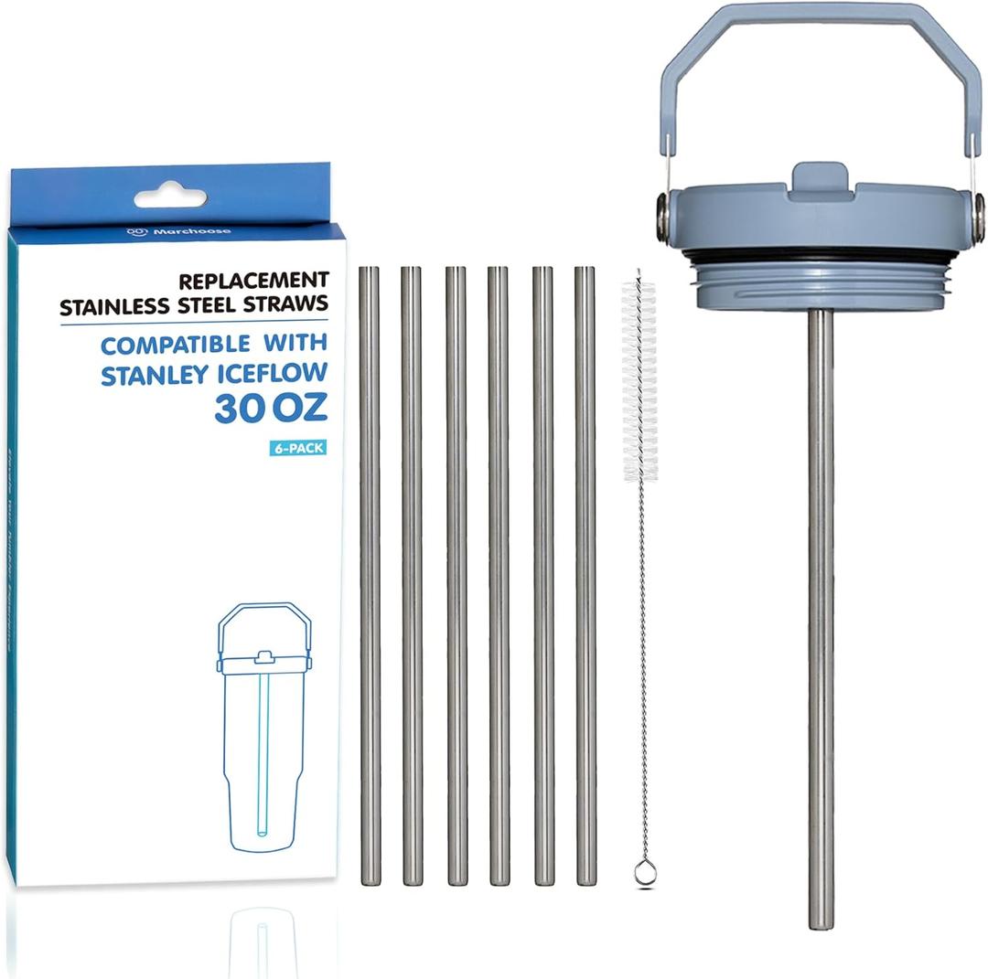 6 PCs Replacement Stainless Steel Straws for Stanley ice flow, 8 inch Reusable straw for Stanley Ice Flow 30oz with Cleaning Brush, Compatible with Stanley Flip Straw Tumbler (30oz)